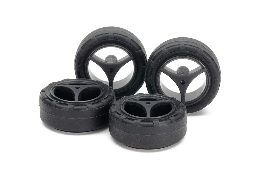 Tamiya 15543 Super Hard Small Dia. Narrow Tires (24mm) & Carbon Wheels (3-Spoke, for Super X & XX Chassis)